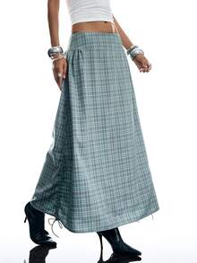 LYSMO Women's Fashion Plaid Drawstring Pleated Midi Skirt - Grey - View 5