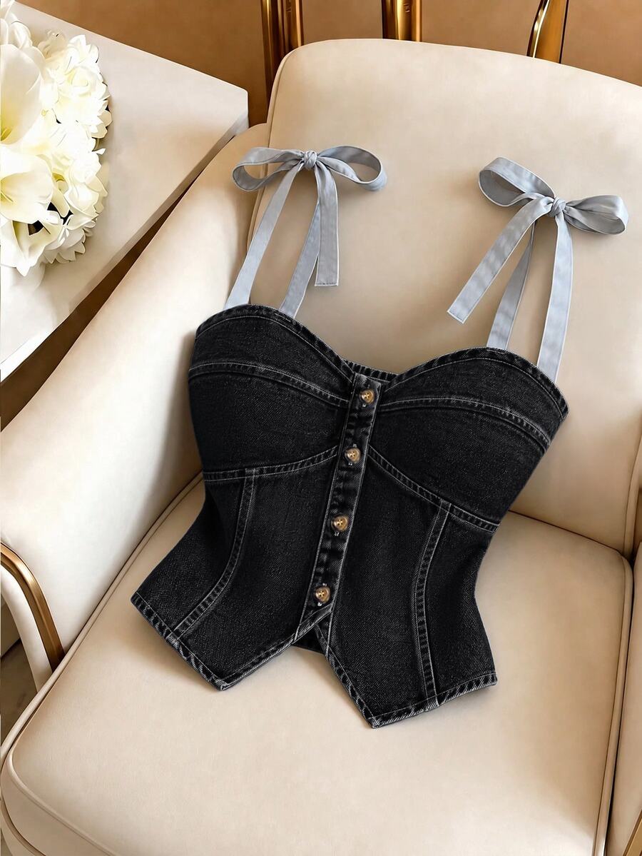 GlowEve Women's Front Button Camisole Denim Top - Black - View 1
