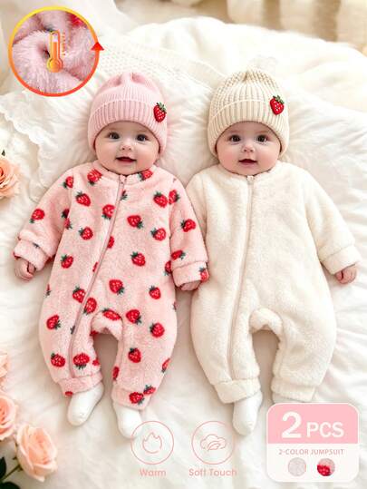 Vintaside Kids 2pcs Baby Girls Plush Jumpsuit Cute Sweet Pink Beige Strawberry Print Fuzzy Long Sleeve Round Neck Thick Outdoor Winter Fall Autumn Christmas Zipper