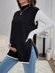SHEIN 孕婦秋冬休閒拼接飾邊側開衩針織背心 - 黑與白 - 查看 3