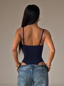 SHEIN PETITE Women's Solid Color Sexy Fashion Camisole Bodysuit - Navy Blue - View 4