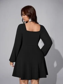 Viva Relle Plus Size Black Waist-Cinching Square Neck Decorated Long Sleeve Party Dress, Autumn/Winter Fall - Black - View 2