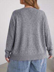 SHEIN CURVE+ 大尺碼休閒純色圓領長袖寬鬆女款冬季上衣 - 灰色 - 查看 2