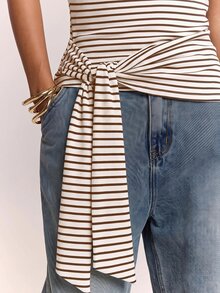SHEIN BAE 秋冬條紋不對稱肩綁帶前襟上衣 女款 - 彩色 - 查看 5