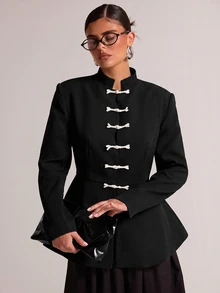 SHEIN BAE Fashionable Elegant Commuter Frog Button Blazer - Black - View 6