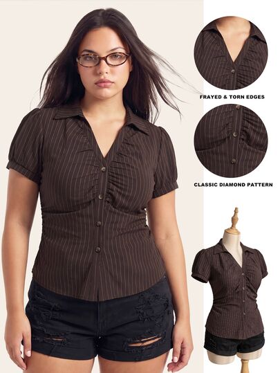 Comfortcana Plus Size Women's Striped Slim Fit Versatile Casual Short Sleeve Shirt