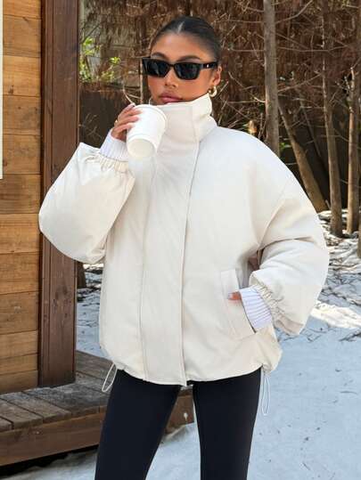 Muchica Off-White Woven Women's Winter Warm Coat Warm Clothing, Thickened For Autumn And Winter New Year Everyday Going Out Club Minimalist Casual