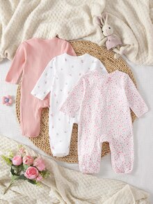 3 Pieces Newborn Footed Rompers, Cute Ribbed Plain Knit Mid-Stretch Comfortable Soft Floral Print Pattern, Best Gift For Newborns - Multicolor - View 2