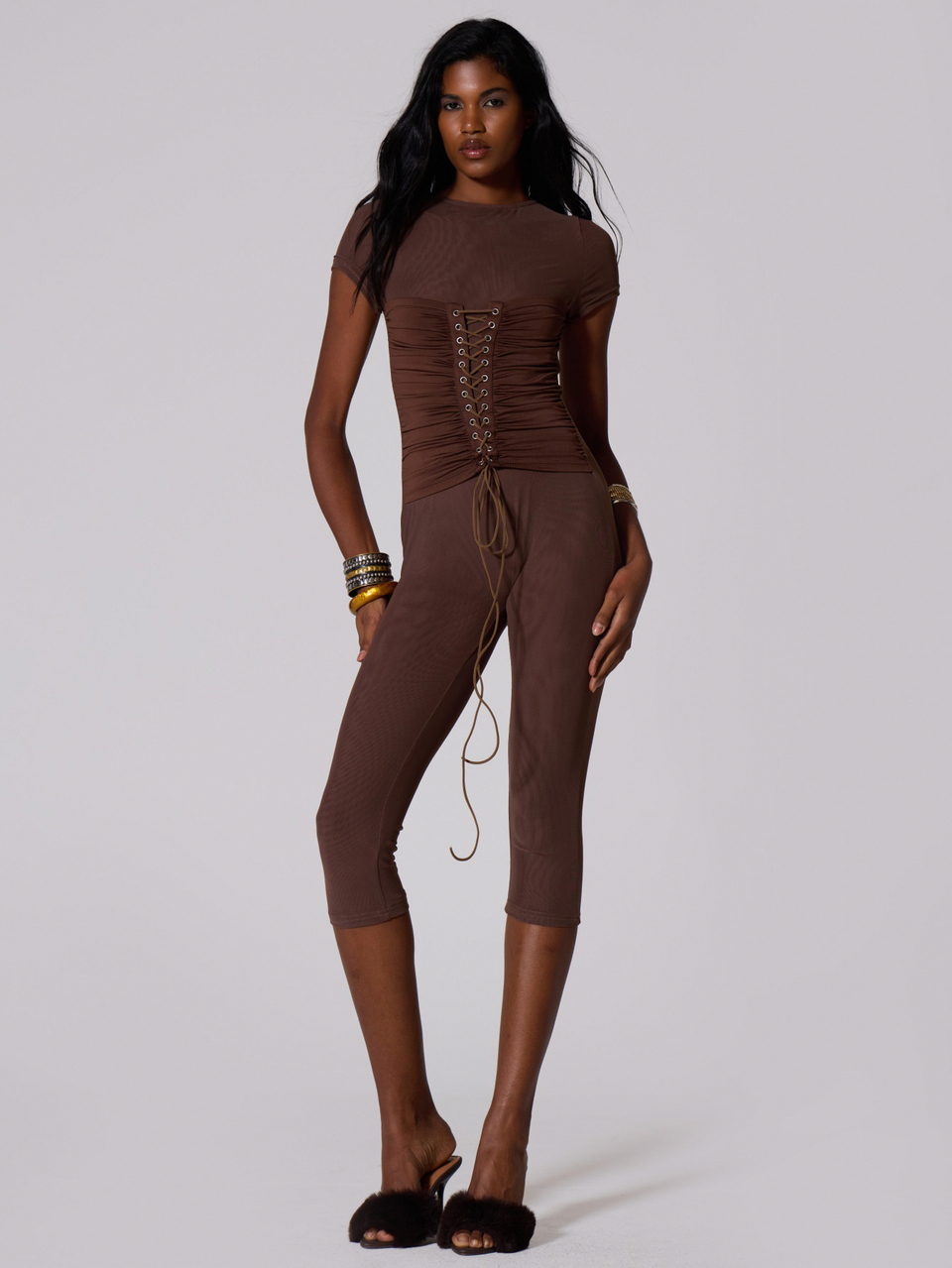 Brown Mesh Lace Up Bodycon Jumpsuit