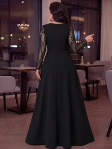 Auveirra Plus Size Women Mesh Patchwork V-Neck Casual Party Dress - Black - View 2