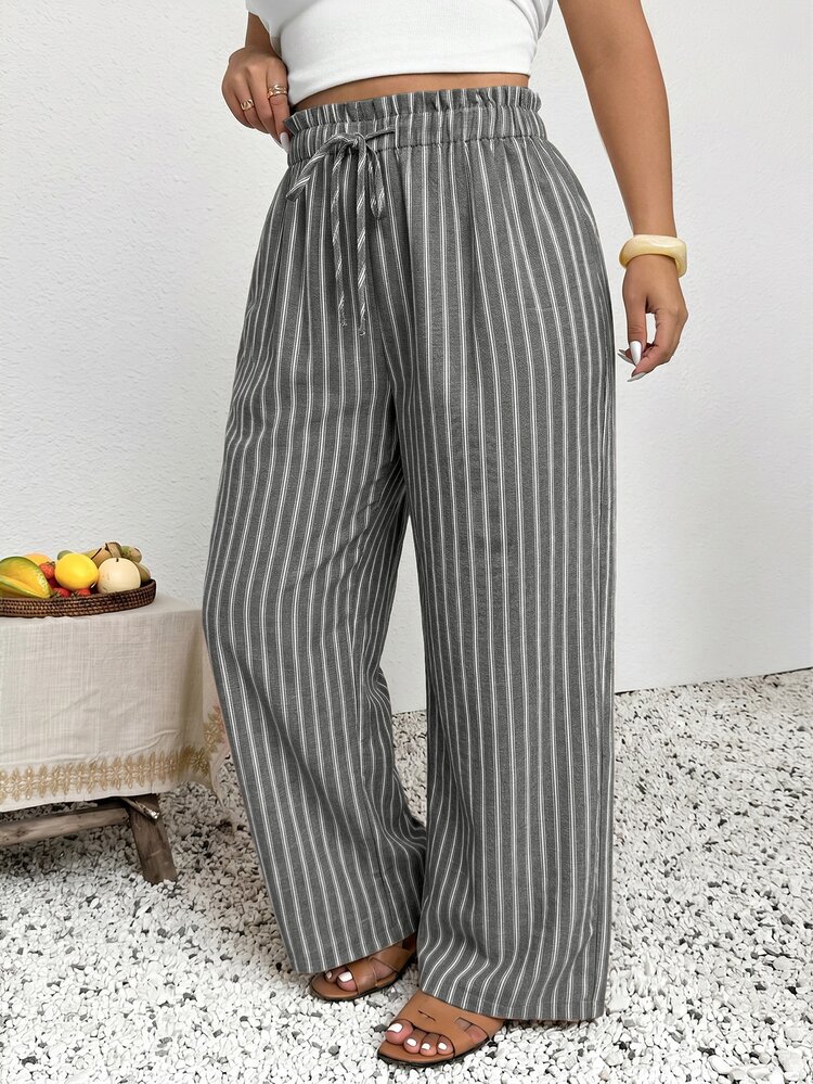 SHEIN Frenchy Women's Plus Size Casual Vacation Striped Long Pants - Grey - View 5