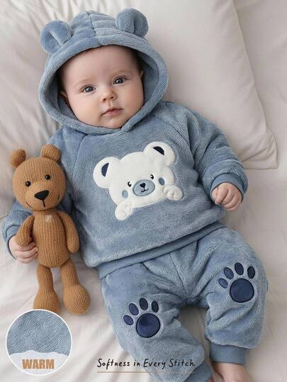 Cozy Pixies 2pcs Kids Baby Boy Casual Daily Comfortable Embroidered Hoodie Pullover Long Sleeve Fleece Sweatshirt & Sweatpants Set
