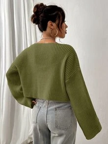 SHEIN Unity 女款純色落肩長袖紋理V領休閒針織衫 - 綠色 - 查看 2