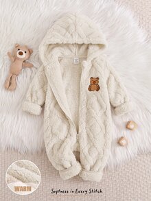SHEIN 男嬰卡通熊刺繡紋理毛絨連帽拉鍊長袖連身褲冬裝褲，百搭舒適 - 杏色 - 查看 7