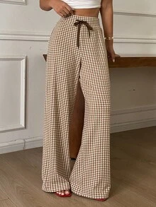 DAZY Plaid Drawstring Tie Straight Leg Long Pants Casual Formal Korean Style Autumn/Winter Women's Sweatpants Vacation - Brown - View 5