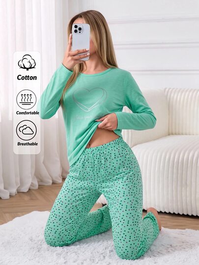 SHEIN Women Mint Green 2pcs Cotton Heart & Letter Patterned Long Sleeve Long Pants Casual Sleep Lounge Set