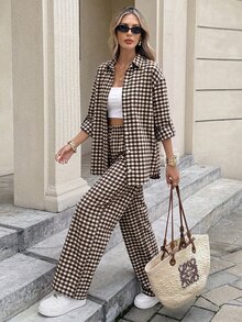 Serisse 女款度假休閒格紋襯衫與長褲兩件套 - 棕色 - 查看 1