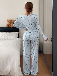 Napfluff 條紋櫻桃印花女款睡衣套裝 - 彩色 - 查看 2