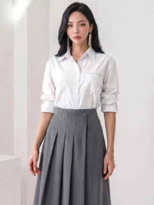 Heiryn Women's Solid Color Pleated Skirt, Preppy Style - Dark Grey - View 9