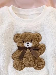 SHEIN 女嬰可愛休閒秋冬卡通圖案長袖衛衣與鬆緊腰長褲套裝 - 棕色 - 查看 3