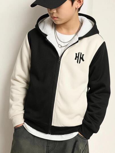 SHEIN Kids Tween Boy Casual Hooded Colorblock Long Sleeve Fleece Lined Mid-Weight Woven Black Jacket, Suitable For School, Garden, Beach, Birthday, Spring, Summer, Autumn, Winter