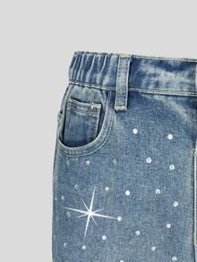 SHEIN Girls' Y2K Washed Distressed Rhinestone Letter Wide Leg Jeans, Tween GirlsElastic Waist Loose Straight Leg Long Pants, All-Over Shiny Rhinestone Decor Vintage Casual Versatile Daily Streetwear Blue Denim - Blue - View 6