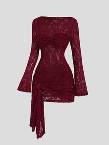 Sweetra Women's Lace Casual Party Dress - Burgundy - View 5