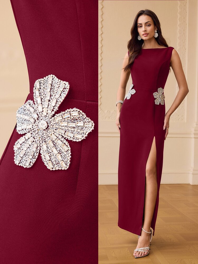ZEYLAH Women's Solid Color Handmade Rhinestone Boat Neck Side Slit Hem Elegant Dress - Burgundy - View 8