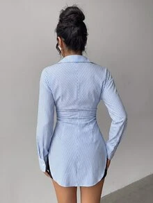Vavine Blue And White Striped Wrap-Around Cross-Front Long Sleeve Turn-Down Collar Women's Blouse - Blue and White - View 2