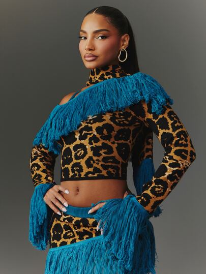 NYA SZN Knit Top Long Sleeve Fringe Sexy Animal Cheetah Print Hooded Elegant Casual Party Halloween Costume Club Concert Loungewear Festival Blue Fall Winter