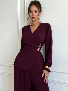 Aloruh Women's Elegant Commuter Wrap Coat & Trousers Suit Set,New Fall Styles - Purple - View 6