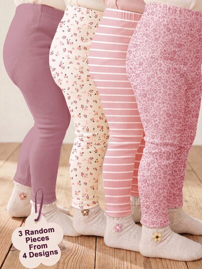 Soft Dusty Pink Tone, Pastoral Country Bohemian Small Floral & Striped Pattern, Cute Comfortable Casual Leggings For Girls, 3-Pack Elastic Leggings Suitable For Autumn/Winter Daily Wear, School, Outings, Vacation, Picnic, Farm, Back To School Season, Pumpkin Season, Thanksgiving, Random 3 Pieces