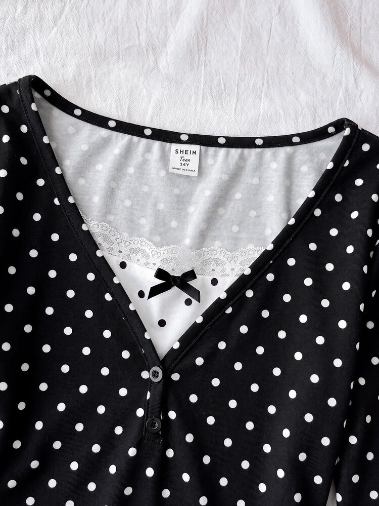 SHEIN Teen Girl Teen Girls T-Shirts Knitted Royal Blue Patchwork Polka Dot Casual Long Sleeve T-Shirt - Navy Blue - View 5