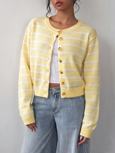SHEIN BASICS Women's Casual Striped Cardigan, Women's Autumn/Winter Clothing, Back To School Outfit
