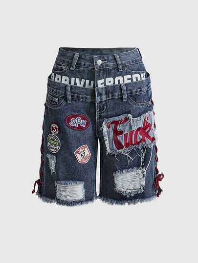 ROMWE Avant Damen Y2K Retro Jersey Sportlich Ballett Preppy Stil Slogan Logo Patch Stickerei Besatz Bindung Tiefe Taille Mini Doppelte Bund Eng Sexy Denim Shorts