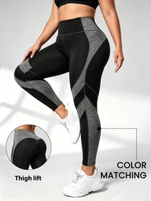 SHEIN Sweetro Women's Plus Size Colorblock Patchwork Slim Fit Sports Leggings - Multicolor - View 2