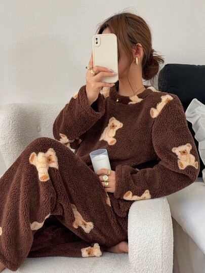 Napfluff Conjunto de pijama de mujer con estampado de oso de dibujos animados, de felpa de coral engrosada, manga larga y pantalones largos, para otoño/invierno