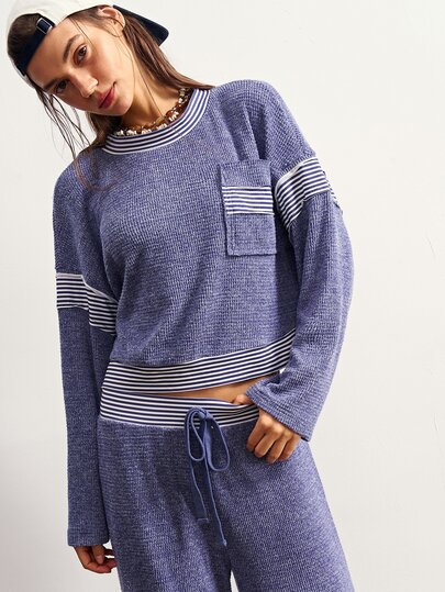 Bohemela Ensemble 2 pièces pour femmes avec Sweat-shirt à manches longues et poches, et pantalon à taille avec cordon de serrage rayé