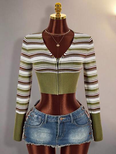 Amplova Top de punto fino con cuello en V y cremallera para mujer, a rayas, sexy y de estilo vanguardista, de manga larga