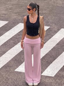 Muchica 女款秋季粉色條紋拼接撞色休閒百搭長褲，適合日常通勤、派對、秋冬春夏、聖誕節、新年、感恩節、婚禮、海灘、畢業典禮、優雅、外出、約會、通勤、情人節、度假、Y2K、畢業典禮等場合 - 彩色 - 查看 6