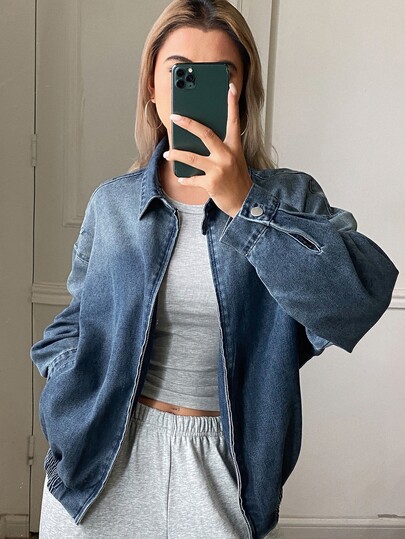 DAZY Women's Distressed Washed Faded Loose Zipper Lapel Long Sleeve Casual Street Vacation Autumn/Winter Denim Jacket And Coat