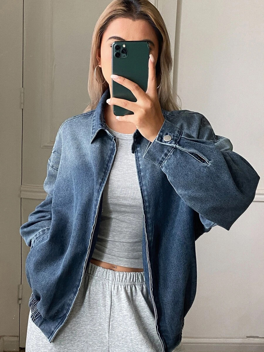 DAZY Women's Distressed Washed Faded Loose Zipper Lapel Long Sleeve Casual Street Vacation Autumn/Winter Denim Jacket And Coat - Blue - View 1