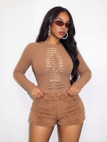 SHEIN BamGlam YK2 "Hot Girl" Ladies' New Autumn-Winter Long-Sleeved Coffee-Colored + Short Pants 2 Pieces Set, With A Round Neckline And Fleece Material For Warmth,