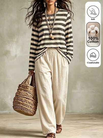 Omancia Standard Size Women's Cotton Linen Blend Vintage Striped Round Neck Long Sleeve Top + Light Apricot Side Pocket Wide Leg Pants Minimalist Casual Set