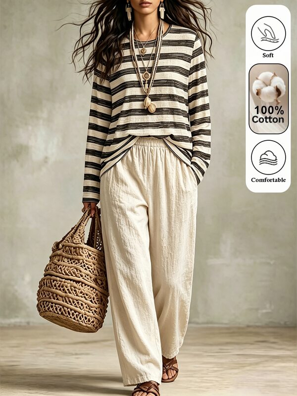 Omancia Set Kasual Minimalis Wanita Ukuran Standar, Terbuat dari Campuran Katun Linen, Motif Garis-garis Vintage, Atasan Lengan Panjang Leher Bulat + Celana Panjang Lebar Saku Samping Warna Aprikot Muda