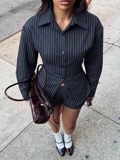 Siren Gaze Women's Vintage Casual Black And White Striped Plaid Cinched Waist Tie Long Sleeve Shirt, Autumn/Winter New Style Office Business