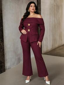 Modelyn Plus Size Women's Metal 3D Floral Decor Striped Off-Shoulder Long Sleeve Top And Flare Pants Elegant 2-Piece Set - Burgundy - View 6