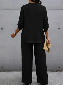 Weeklong 大尺碼女款春夏缺口領鉚釘裝飾休閒度假套裝 - 黑色 - 查看 2