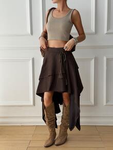 Livesso Women's Solid Color Casual Boho Western Versatile Daily Skirt Autumn Work Everyday Dark Brown - Coffee Brown - View 6
