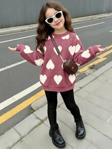 SHEIN 女童休閒圓領長袖運動衫與內搭褲2件套，適合秋冬，經典像素風可愛卡通愛心圖案印花 - 彩色 - 查看 2